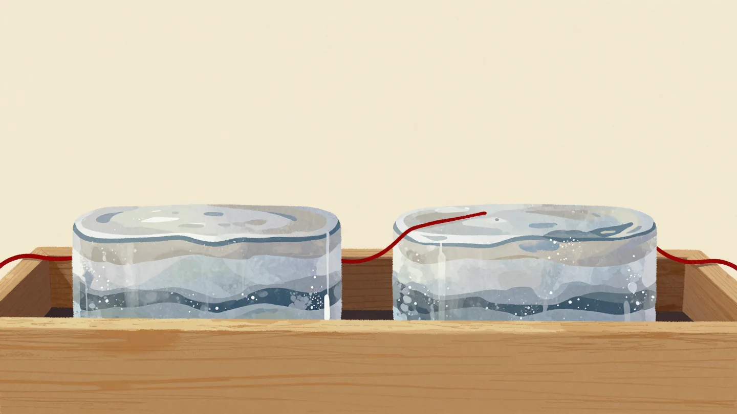 Two long layered ice cores side by side, a gloved hand stretching a red thread across both at the same band.