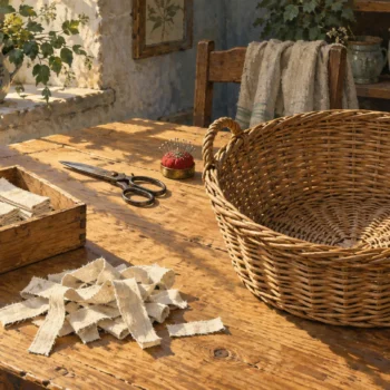 A linen-cutting table holds folded fabric strips, scissors, a pincushion and loose offcuts beside an empty wicker basket.