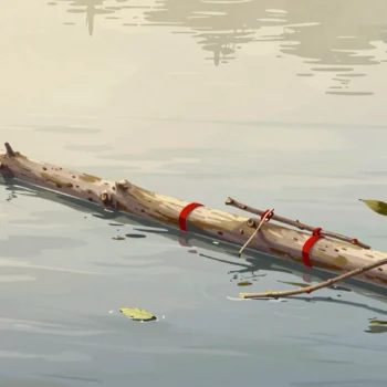 Gouache painting: a floating log boom stretches across a calm river