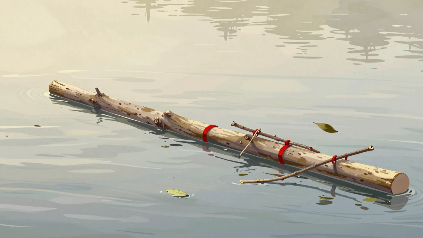 Gouache painting: a floating log boom stretches across a calm river