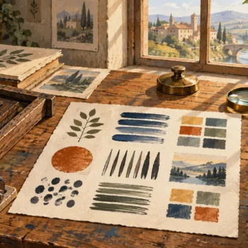 Paint samples, a carved leaf printing block, a roller and a magnifying glass share a wooden studio desk.
