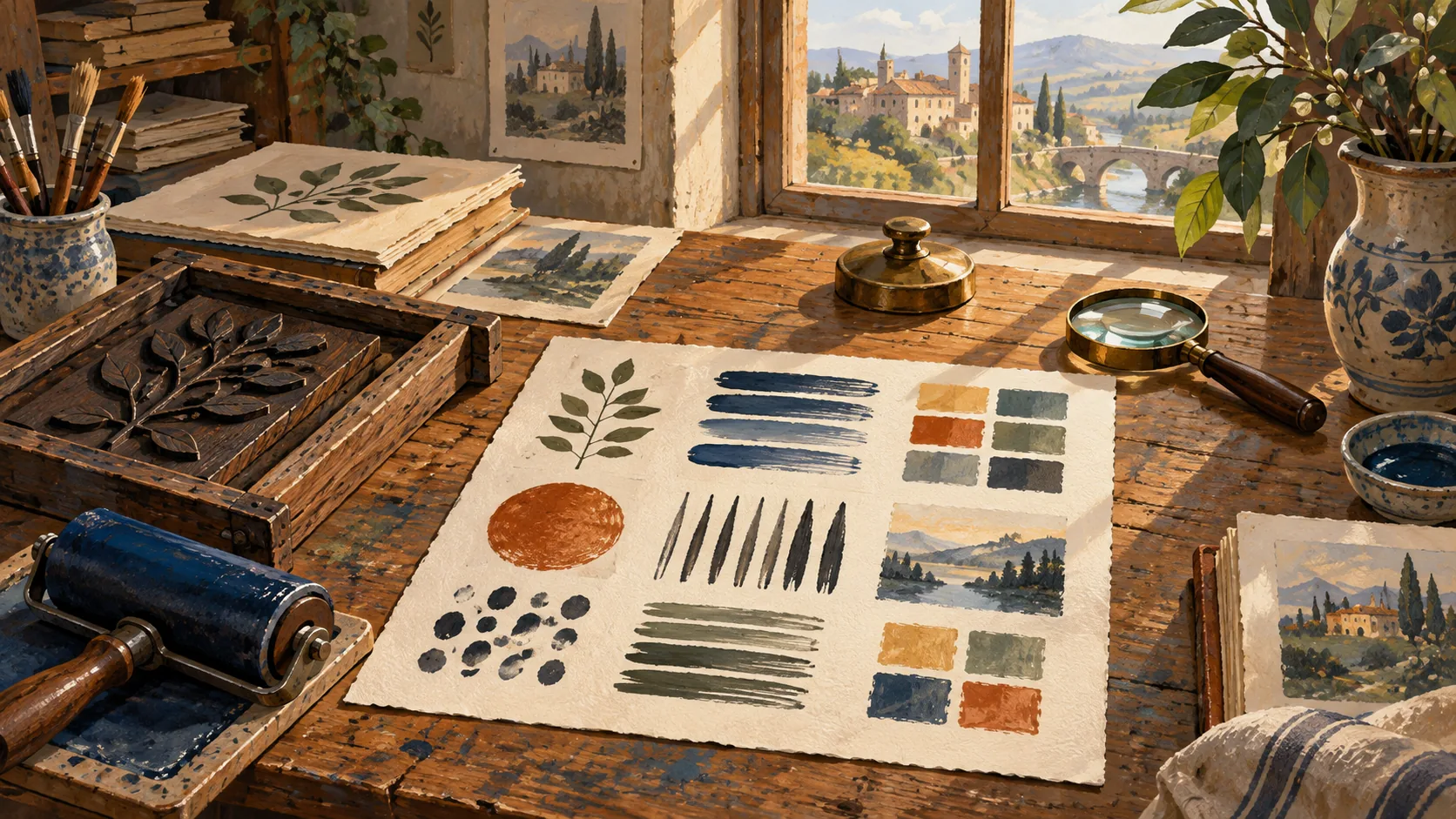 Paint samples, a carved leaf printing block, a roller and a magnifying glass share a wooden studio desk.