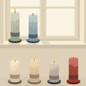 Gouache painting: in the upper row they are ordered by the color of their base band, so the tallest candle with the earliest color stands first