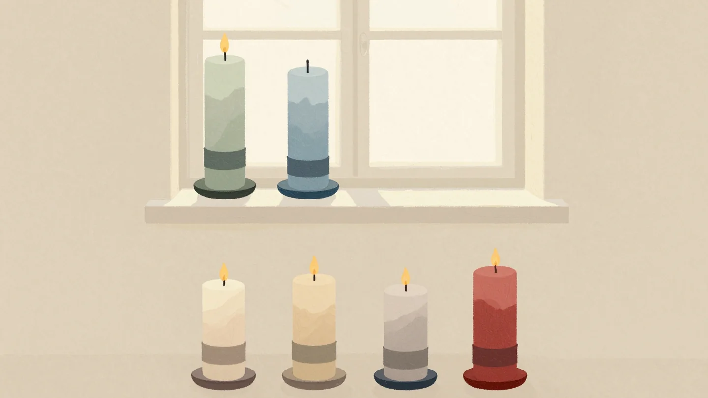 Gouache painting: in the upper row they are ordered by the color of their base band, so the tallest candle with the earliest color stands first