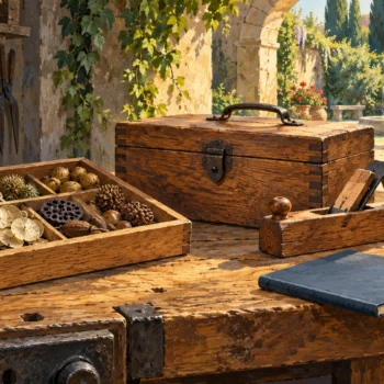 A divided tray of seed pods, a closed wooden toolbox and a plane on a sunlit workbench.