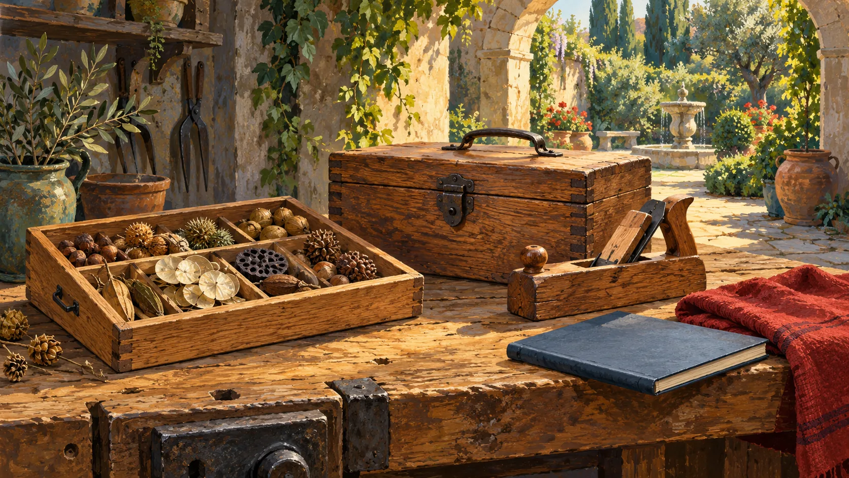 A divided tray of seed pods, a closed wooden toolbox and a plane on a sunlit workbench.