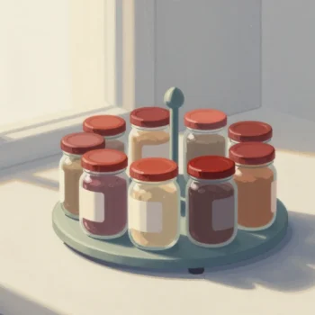 Gouache painting: a round revolving spice carousel stands on a counter with seven jars around its rim, one lid vermilion to mark the first position