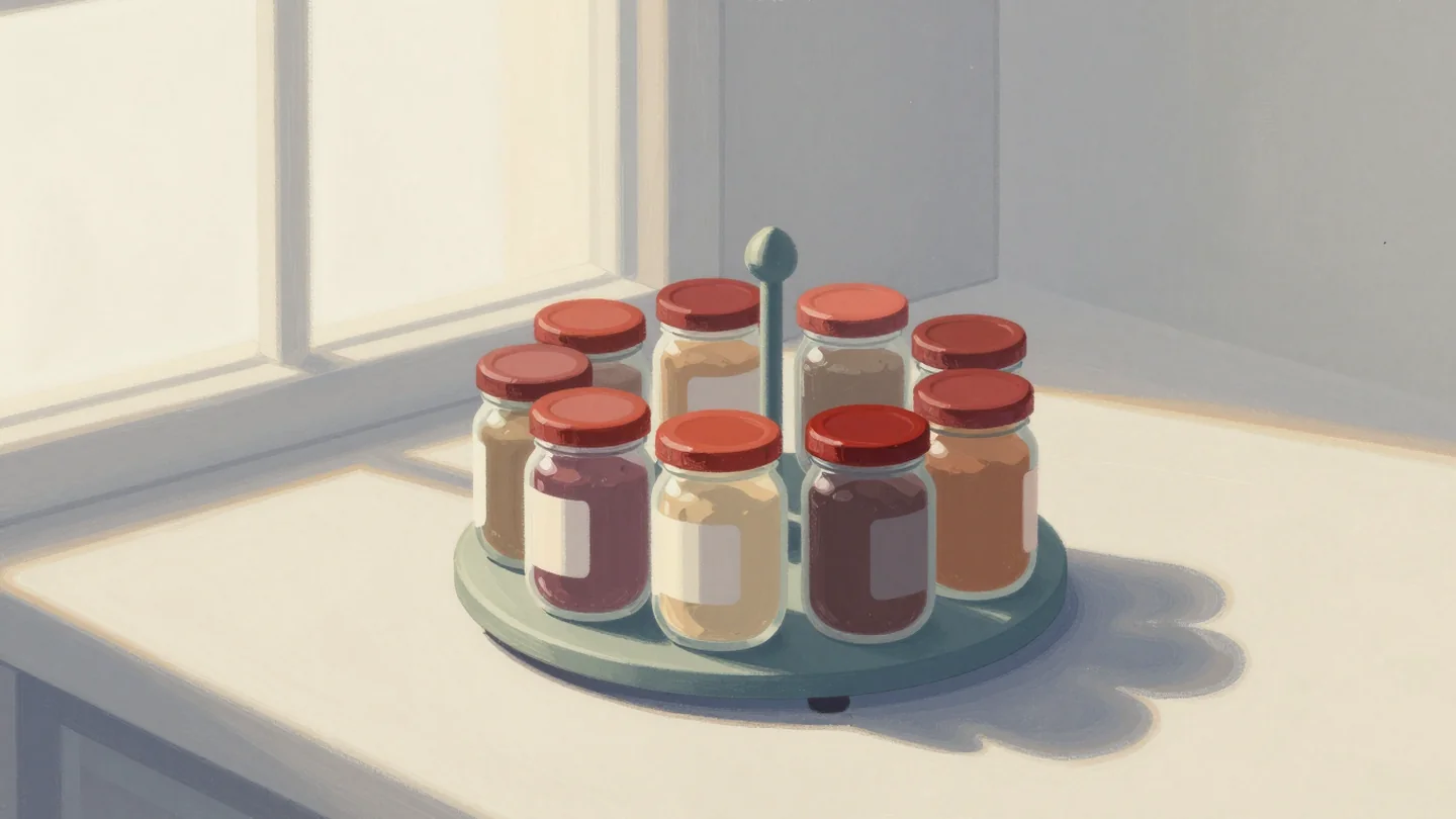 Gouache painting: a round revolving spice carousel stands on a counter with seven jars around its rim, one lid vermilion to mark the first position