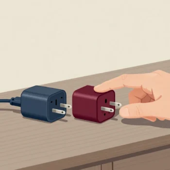 A hand fits a round-pin charger plug into a red travel adapter on a desk