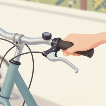 A hand on a bicycle handlebar next to the gear shifter, just before changing gear