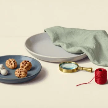 Walnuts and cream beads rest in a slate-blue dish beside a magnifying glass, red thread spool and pale dish draped with sage-green cloth.