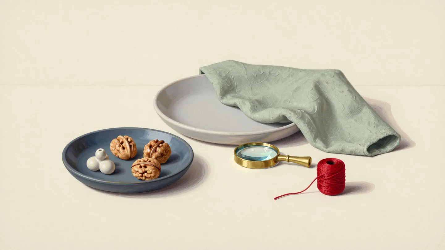 Walnuts and cream beads rest in a slate-blue dish beside a magnifying glass, red thread spool and pale dish draped with sage-green cloth.