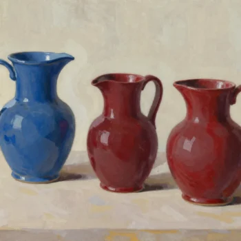 Two red ceramic pitchers stand beside a blue pitcher on a sunlit workbench.