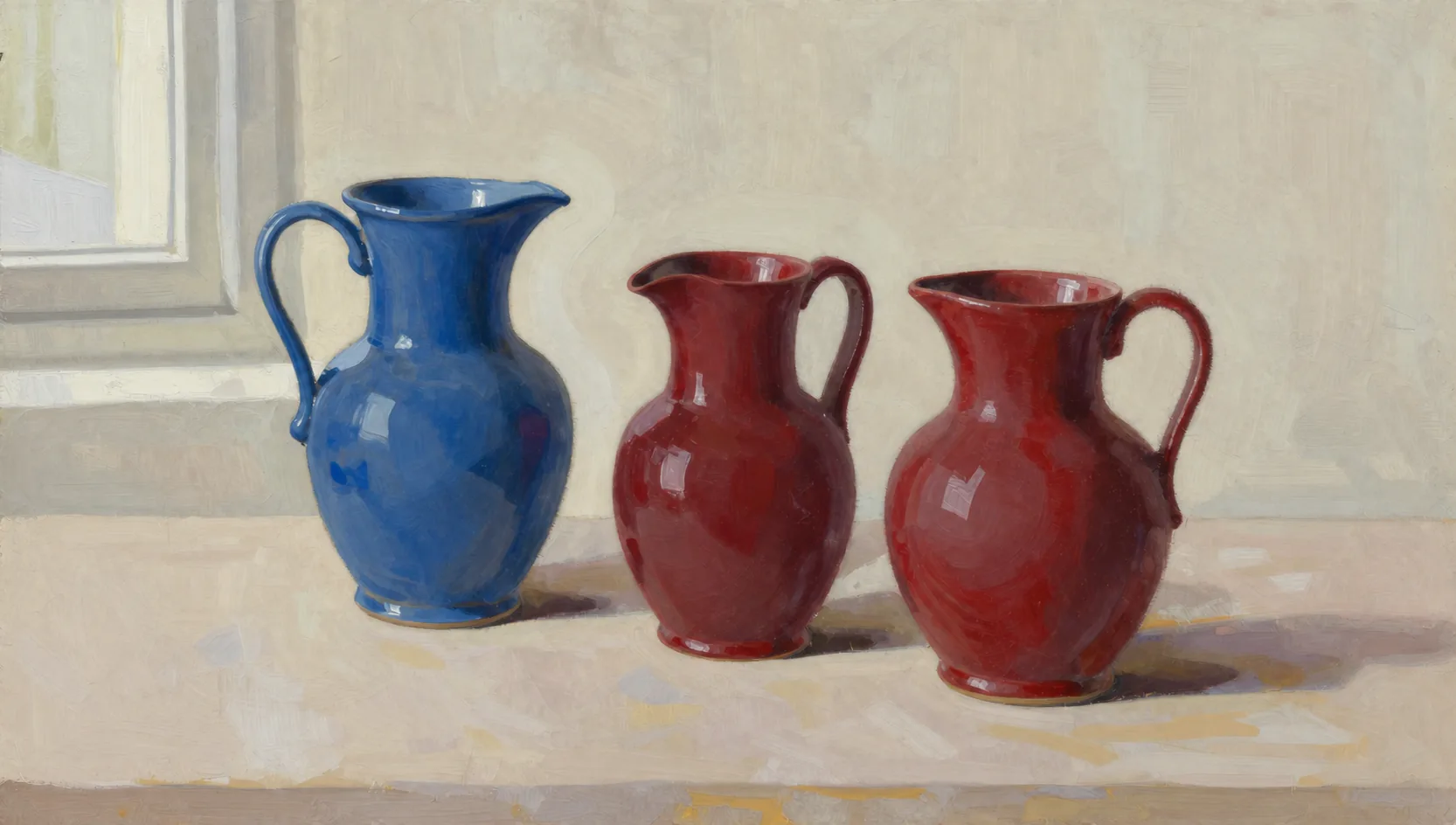 Two red ceramic pitchers stand beside a blue pitcher on a sunlit workbench.