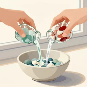 Two hands pouring a jar of sea glass and a jar of shells together into one wide ceramic bowl