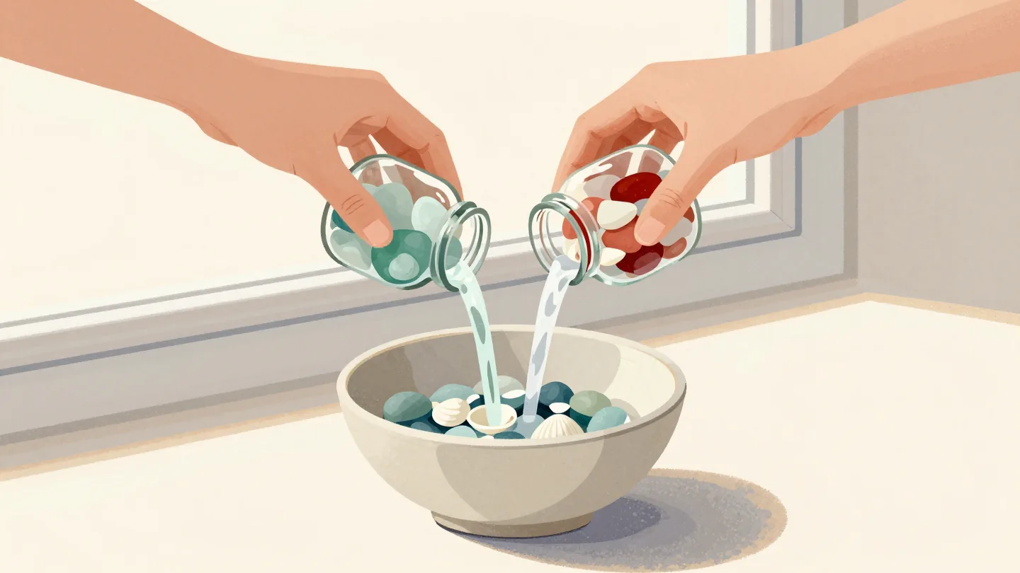 Two hands pouring a jar of sea glass and a jar of shells together into one wide ceramic bowl