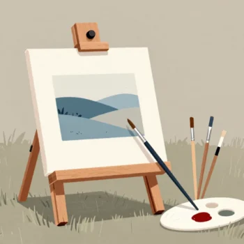 A small field easel in a meadow with a palette and three brushes