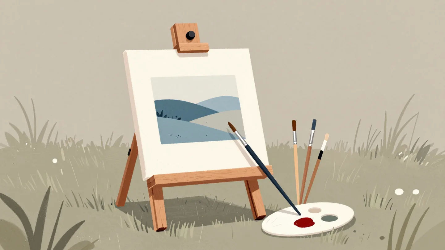A small field easel in a meadow with a palette and three brushes