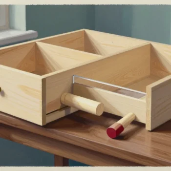 Detailed painting of a wooden drawer assembly with a fitted stop across its front opening and a loose red-ended peg on the workbench.
