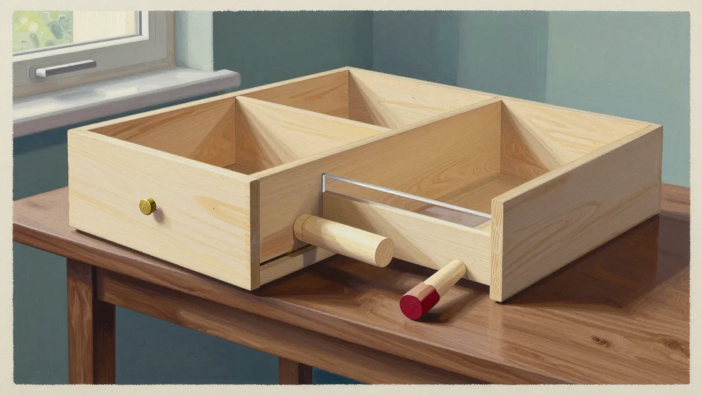 Detailed painting of a wooden drawer assembly with a fitted stop across its front opening and a loose red-ended peg on the workbench.