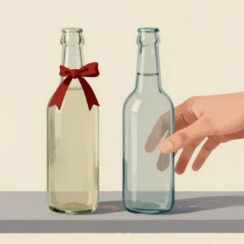 Two identical glass bottles on a kitchen shelf, one with a red ribbon on its neck, a hand pausing before it.
