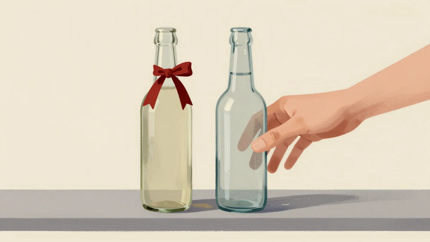 Two identical glass bottles on a kitchen shelf, one with a red ribbon on its neck, a hand pausing before it.