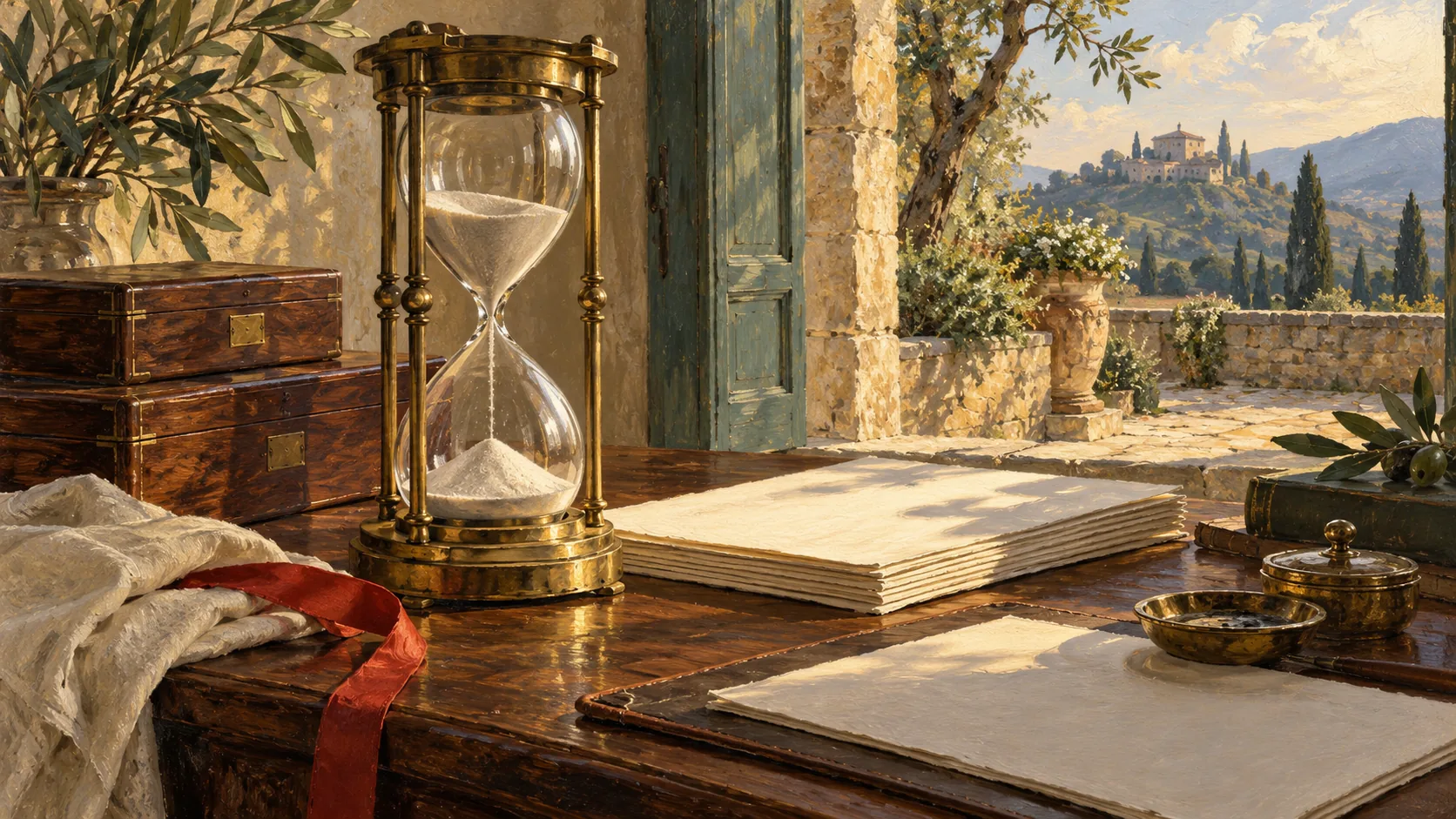 A brass hourglass stands beside plain stacked papers and wooden storage boxes in a sunlit stone room.