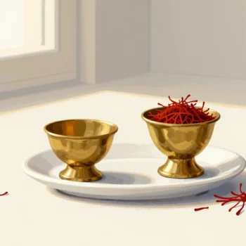 Gouache painting: two identical thimble-sized brass measures stand on a white saucer