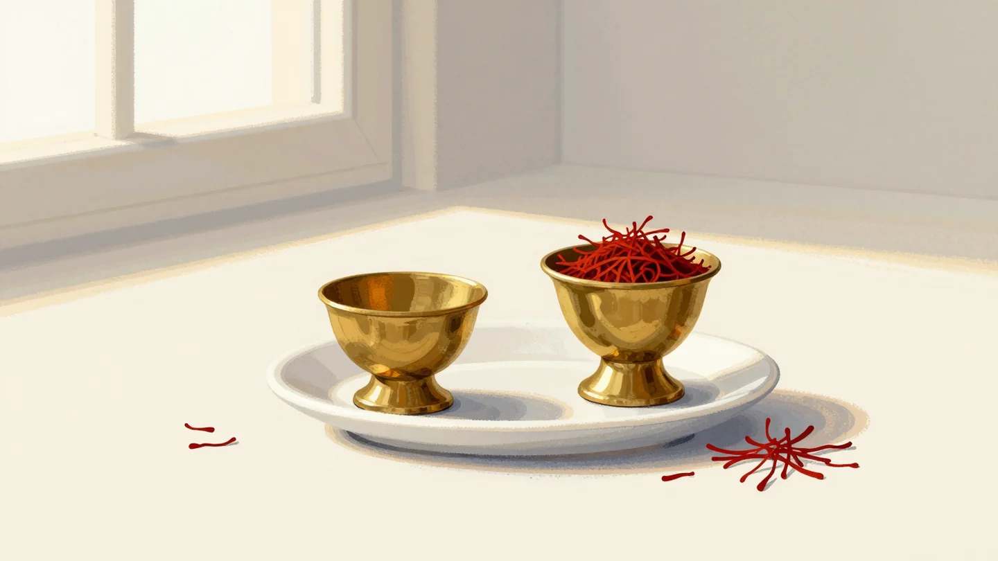 Gouache painting: two identical thimble-sized brass measures stand on a white saucer