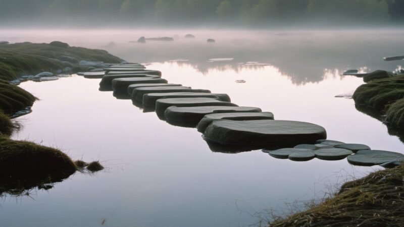 Stepping stones crossing a misty pond, a sequence with gaps