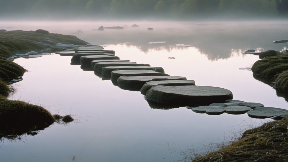 Stepping stones crossing a misty pond, a sequence with gaps