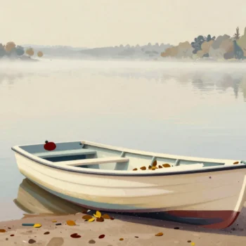 A faded rowing boat on a lakeshore with leaves in the hull and a freshly coiled, still wet mooring rope