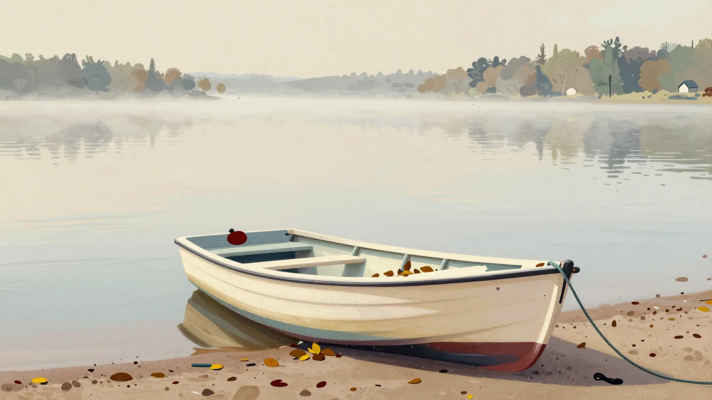 A faded rowing boat on a lakeshore with leaves in the hull and a freshly coiled, still wet mooring rope