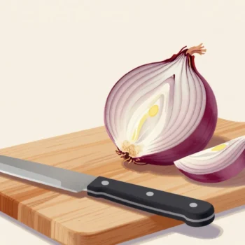 A red onion cut in half on a chopping board, its layers ringed from dry outer skin to a bright core.