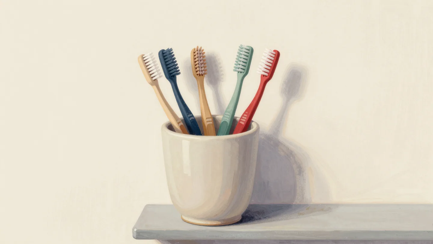 A crowded toothbrush cup on a bathroom shelf, most brushes old and dusty, one red brush still in use.