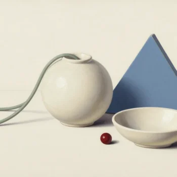 A cream jar and shallow bowl sit beside a slate-blue triangular panel, a looping sage cord and a small red bead.