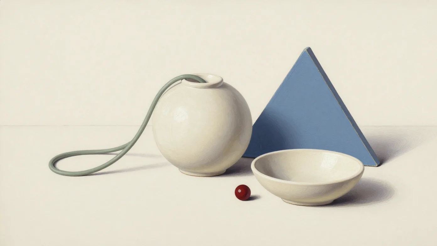 A cream jar and shallow bowl sit beside a slate-blue triangular panel, a looping sage cord and a small red bead.