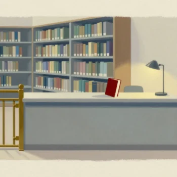 A single book waiting on a library counter, with tall shelves behind a latched brass gate