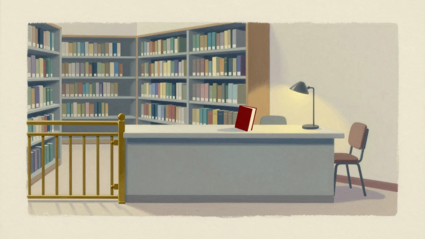 A single book waiting on a library counter, with tall shelves behind a latched brass gate