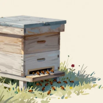 Bees crowding one narrow entrance of a wooden beehive while a second opening on the side stays almost empty.