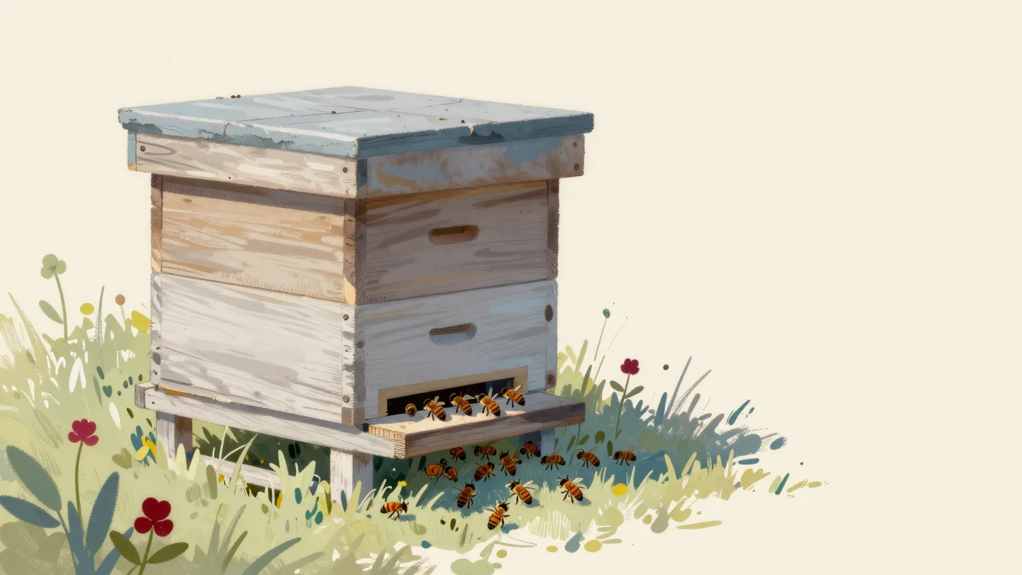 Bees crowding one narrow entrance of a wooden beehive while a second opening on the side stays almost empty.