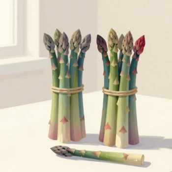 Gouache painting: on a farm table two bundles of asparagus, each tied with twine around three spears, sit side by side