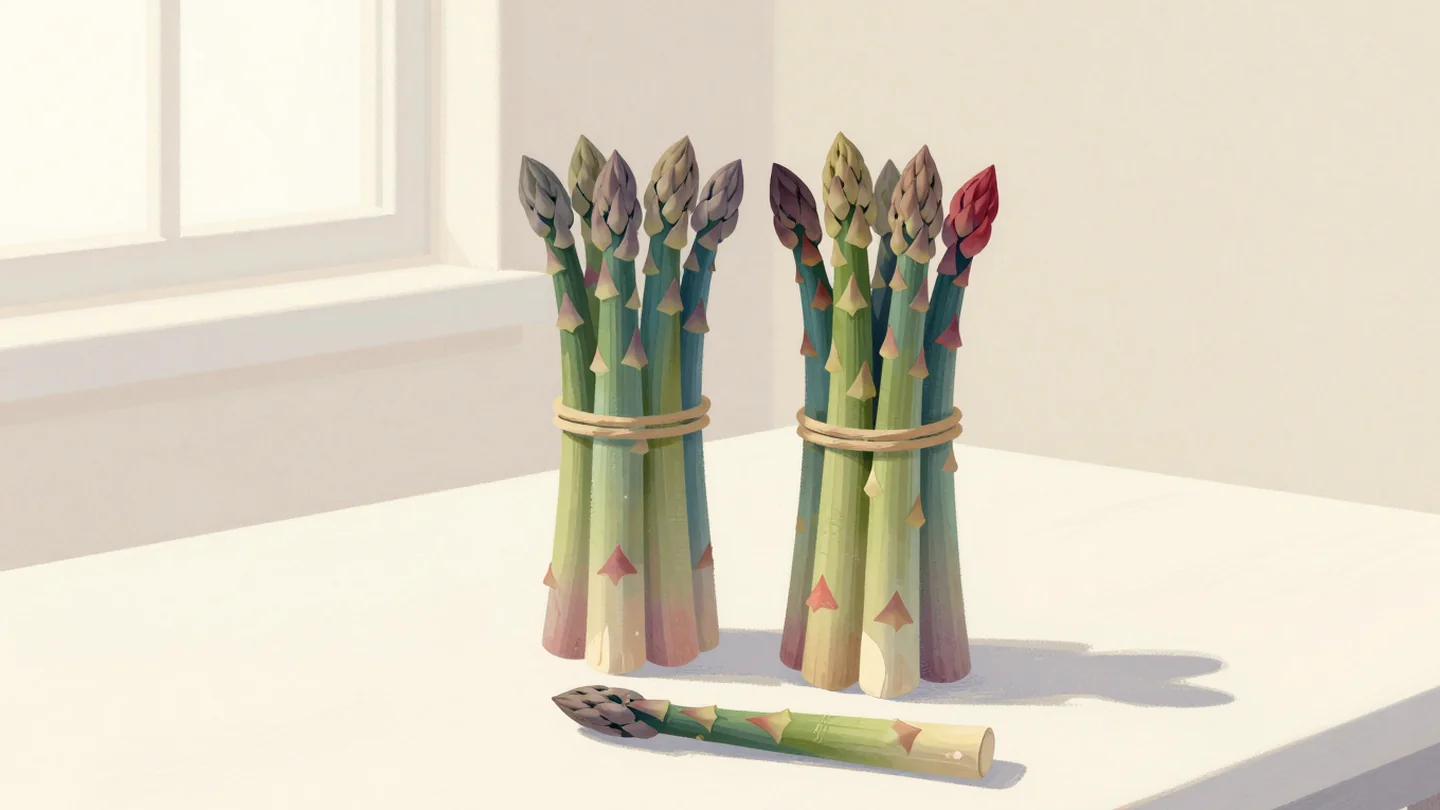 Gouache painting: on a farm table two bundles of asparagus, each tied with twine around three spears, sit side by side