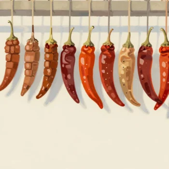 A string of dried chili peppers hung in order from smallest to largest, hands adding one fresh red pepper in place.