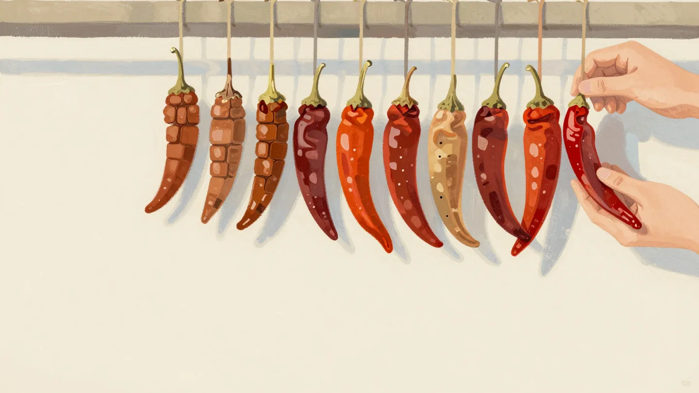 A string of dried chili peppers hung in order from smallest to largest, hands adding one fresh red pepper in place.