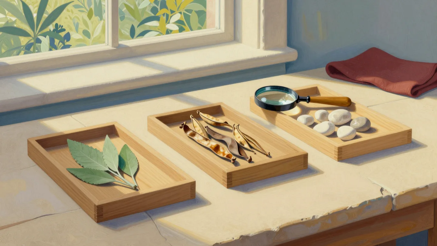 Three wooden specimen trays hold leaves, seed pods and stones beside a magnifying glass.