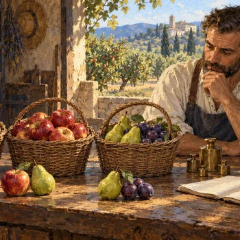 A rich painting of a grocer studying three fruit baskets and two fruit pairings on a sunlit counter.