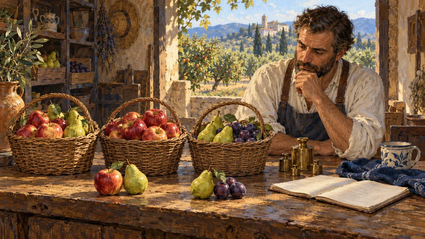 A rich painting of a grocer studying three fruit baskets and two fruit pairings on a sunlit counter.