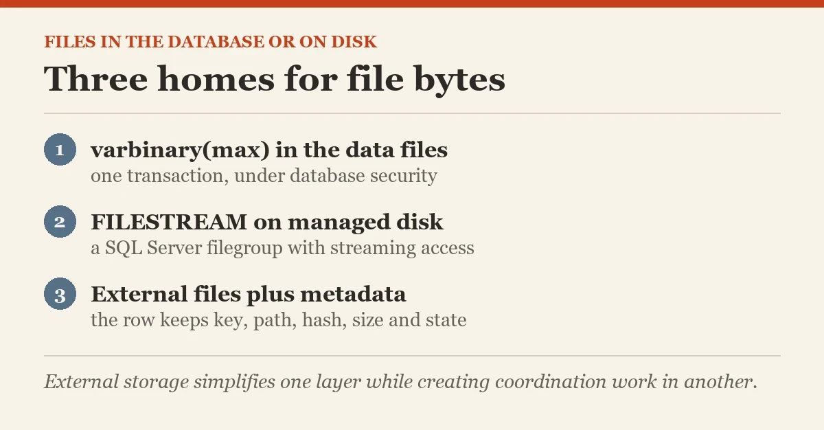 Three homes for file bytes: a diagram about the storing files in the database