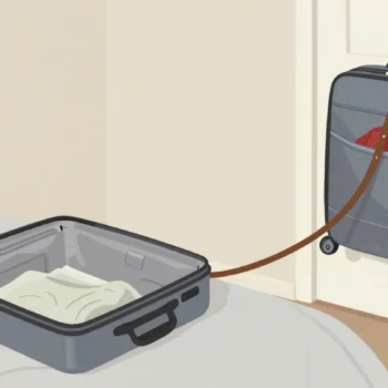 An open suitcase on a bed and a travel trunk by the door, linked by a leather strap between their handles.